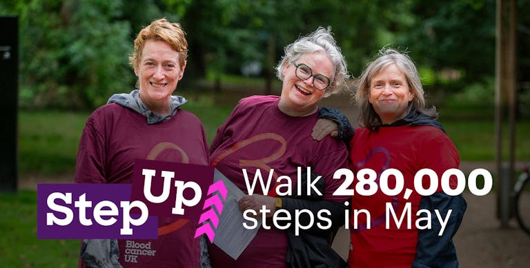 Homepage banner that reads Step Up, Walk 280,000 steps in May with a photo of three smiling women.