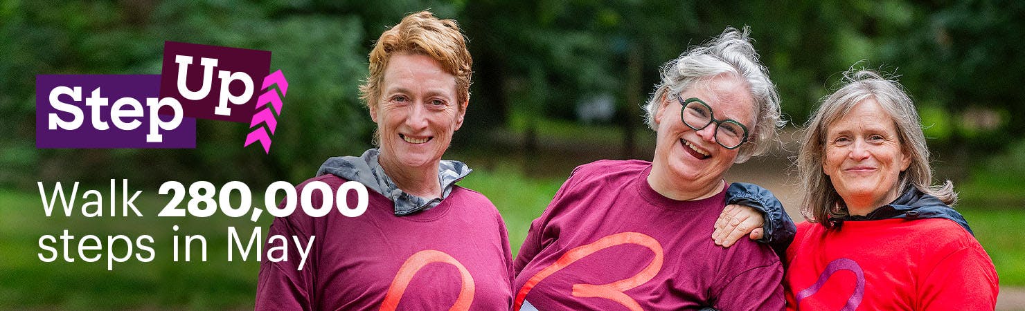 Homepage banner that reads Step Up, Walk 280,000 steps in May with a photo of three smiling women.