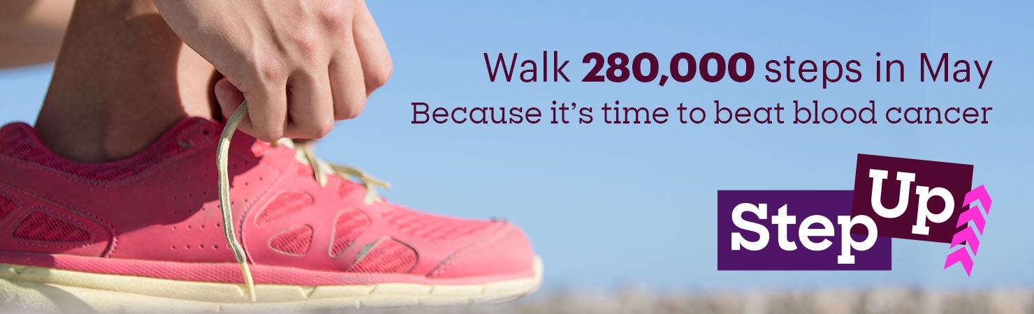 A banner image of a person tying their shoes that reads, walk 280,000 steps in May because it's time to beat blood cancer.