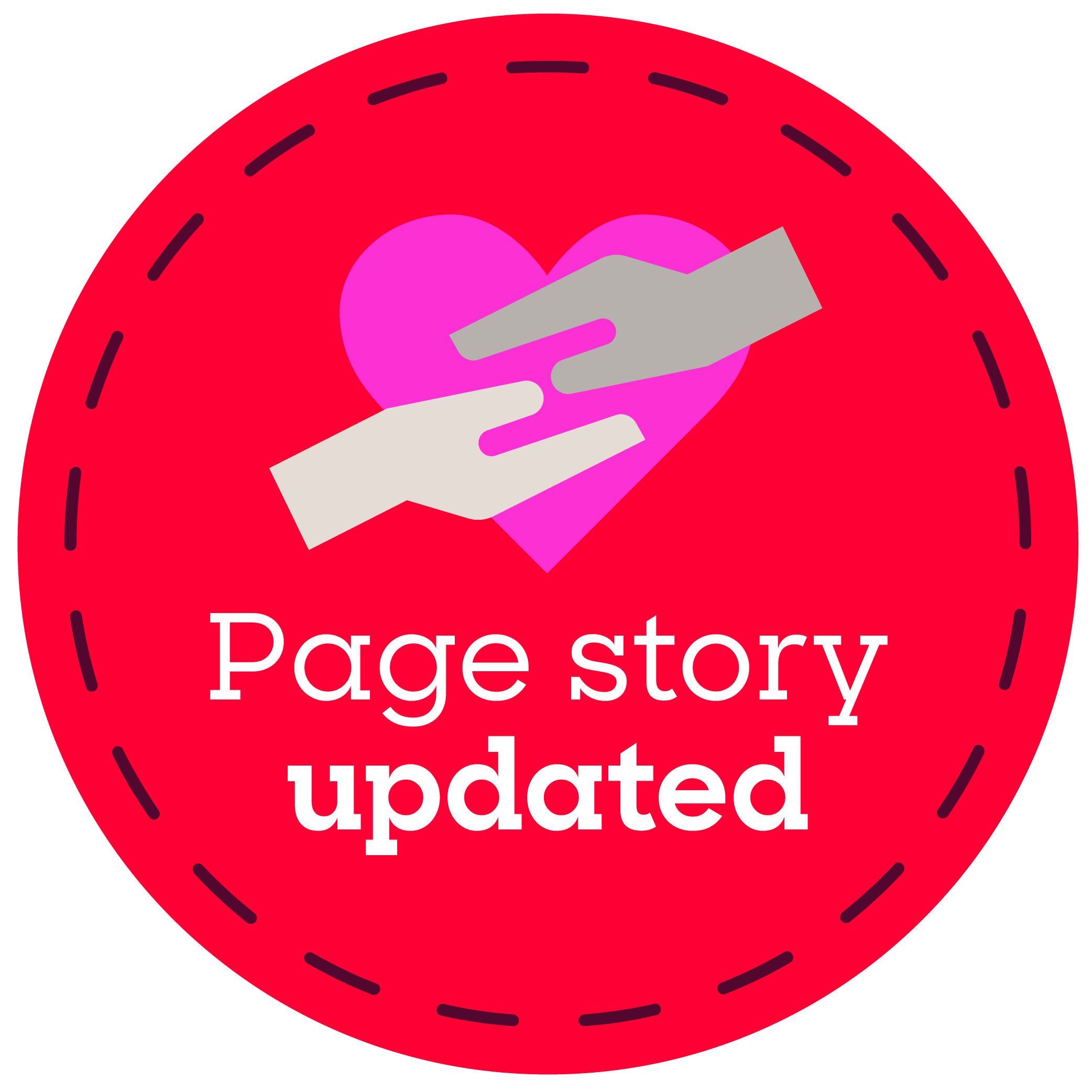 Red badge with icon of two hands exchanging a heart.