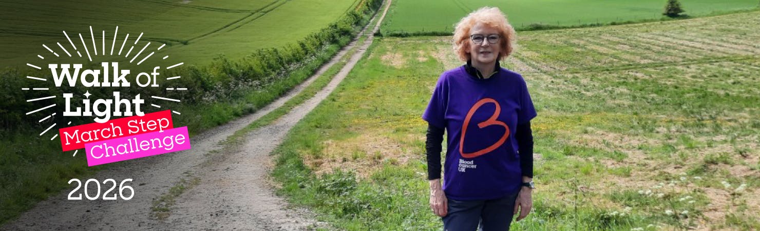 Walk of Light March Step Challenge 2026 banner image with smiling supporter.