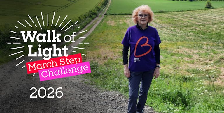 Walk of Light March Step Challenge 2026 banner image with smiling supporter.