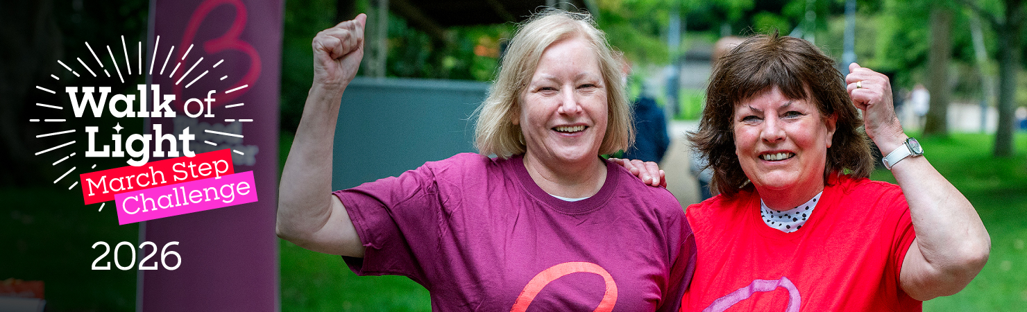 Walk of Light March Step Challenge 2026 banner image with two smiling supporters.