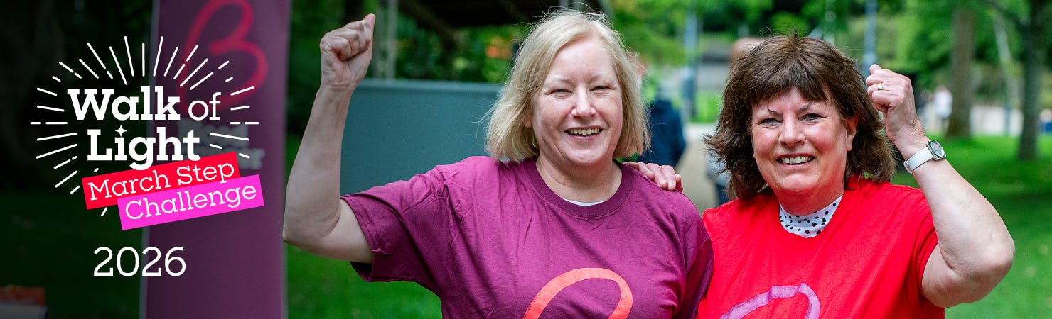 Walk of Light March Step Challenge 2026 banner image with two smiling supporters.