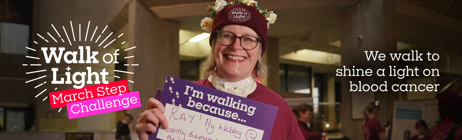 Walk of Light March Step Challenge 2026 banner image with smiling supporter.