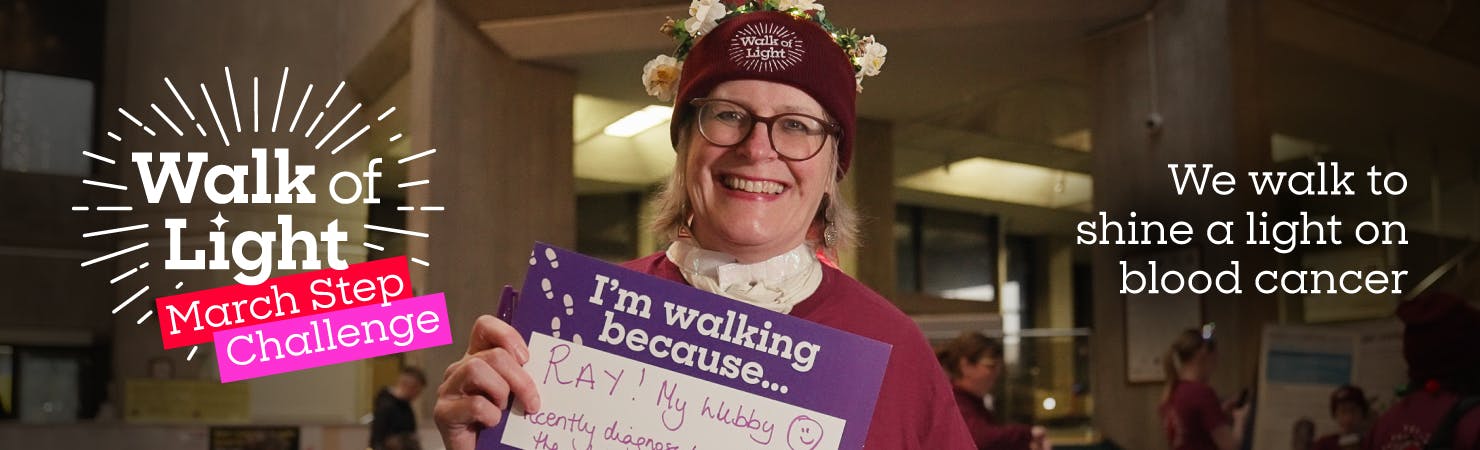 Walk of Light March Step Challenge 2026 banner image with smiling supporter.