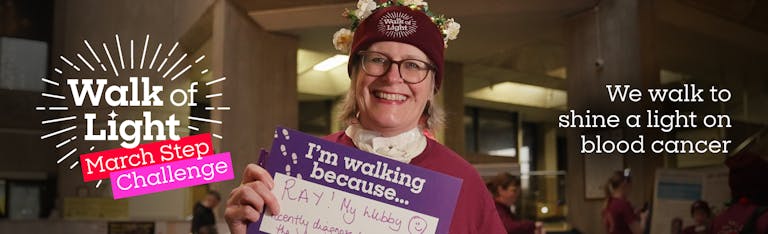 Walk of Light March Step Challenge 2026 banner image with smiling supporter.