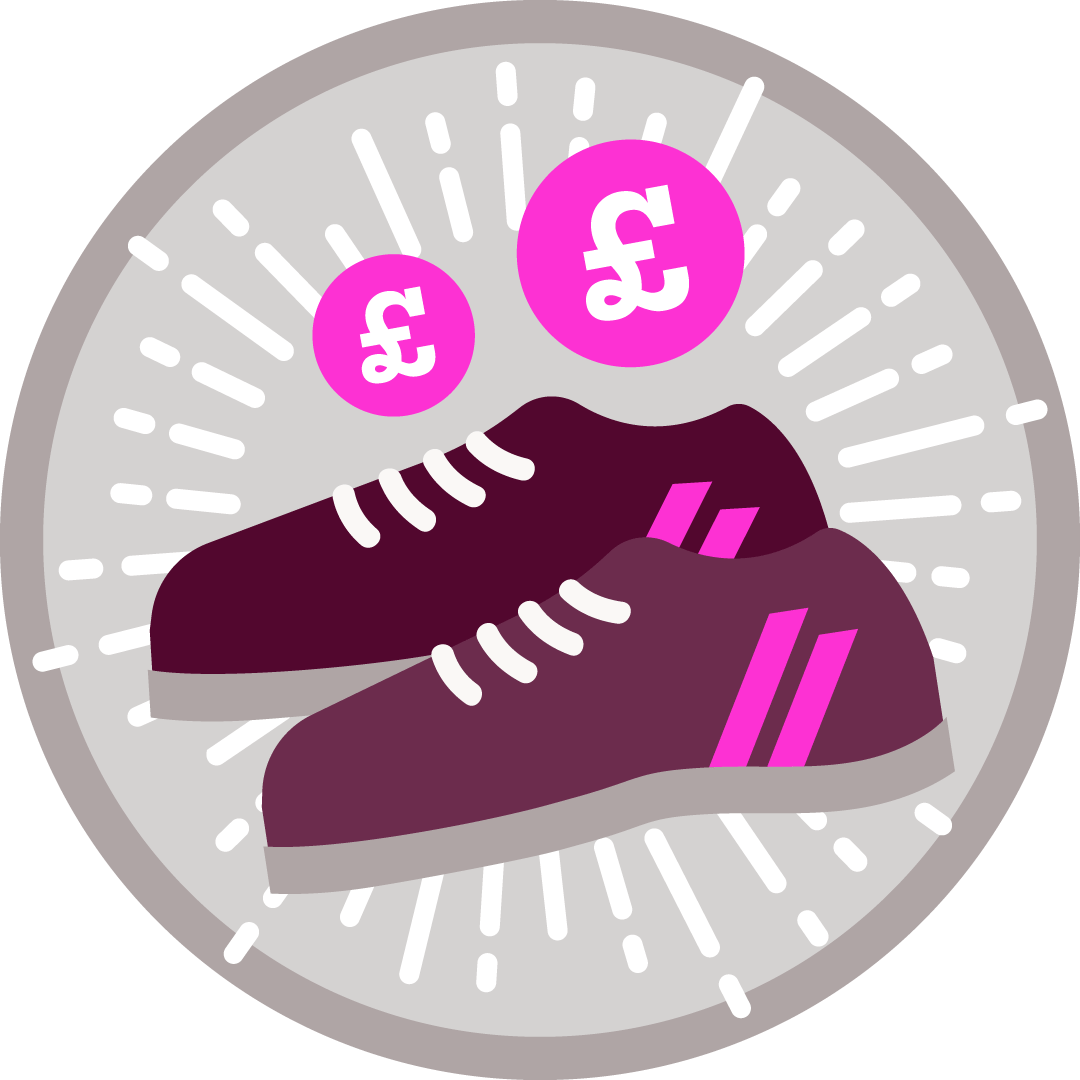 Badge with pound currency symbols and a pair of trainers.
