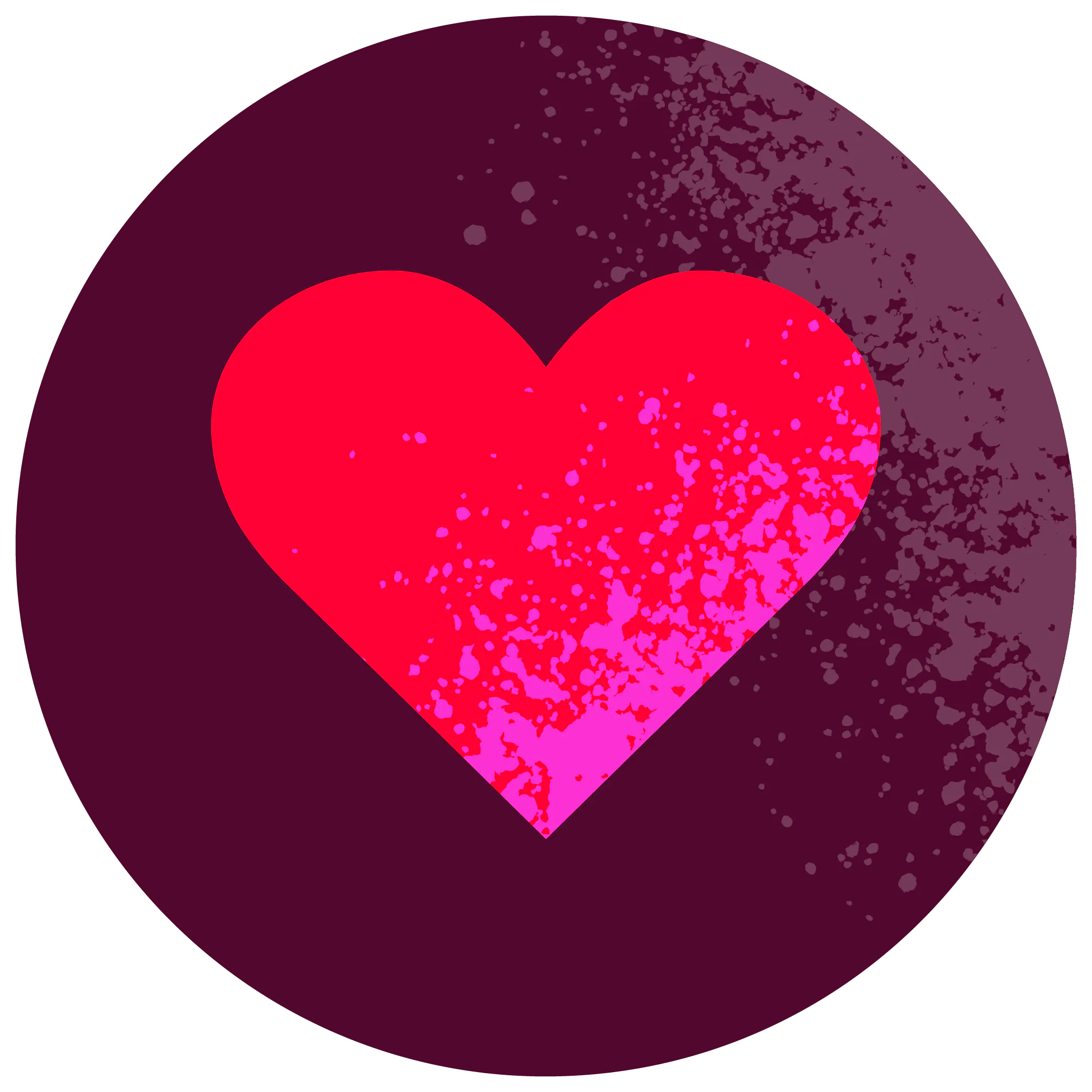 Heart icon with paint-splatter effect on dark circular background.