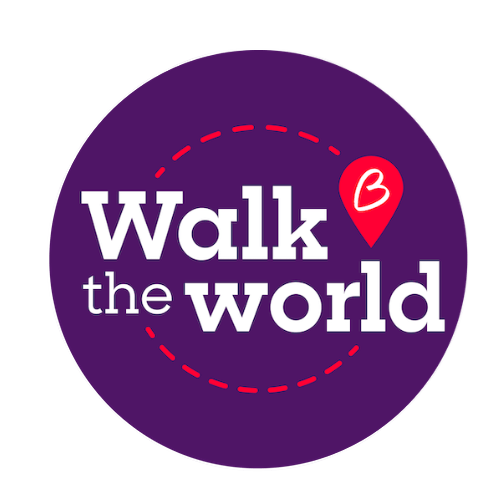 Icon of a purple circle with ‘Walk the World’ written in white and a red dashed line going in a circle around the words