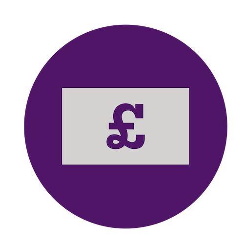 Icon of a purple circle with grey money note and purple pound sign inside