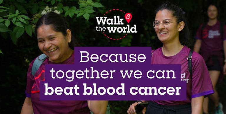 Two people smiling in Blood Cancer UK t-shirts with text overlaid, Because together we can beat blood cancer.