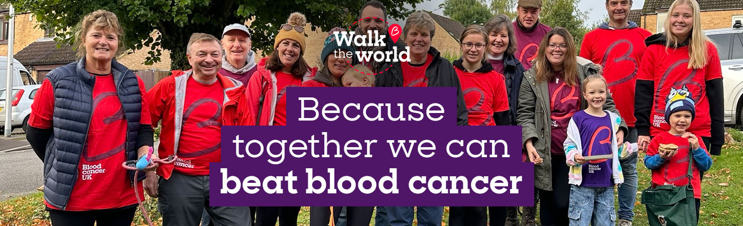 Group of smiling people outside in Blood Cancer UK t-shirts, with text overlaid, Because together we can beat blood cancer.