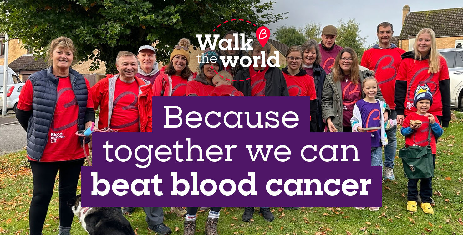 Group of smiling people outside in Blood Cancer UK t-shirts, with text overlaid, Because together we can beat blood cancer.