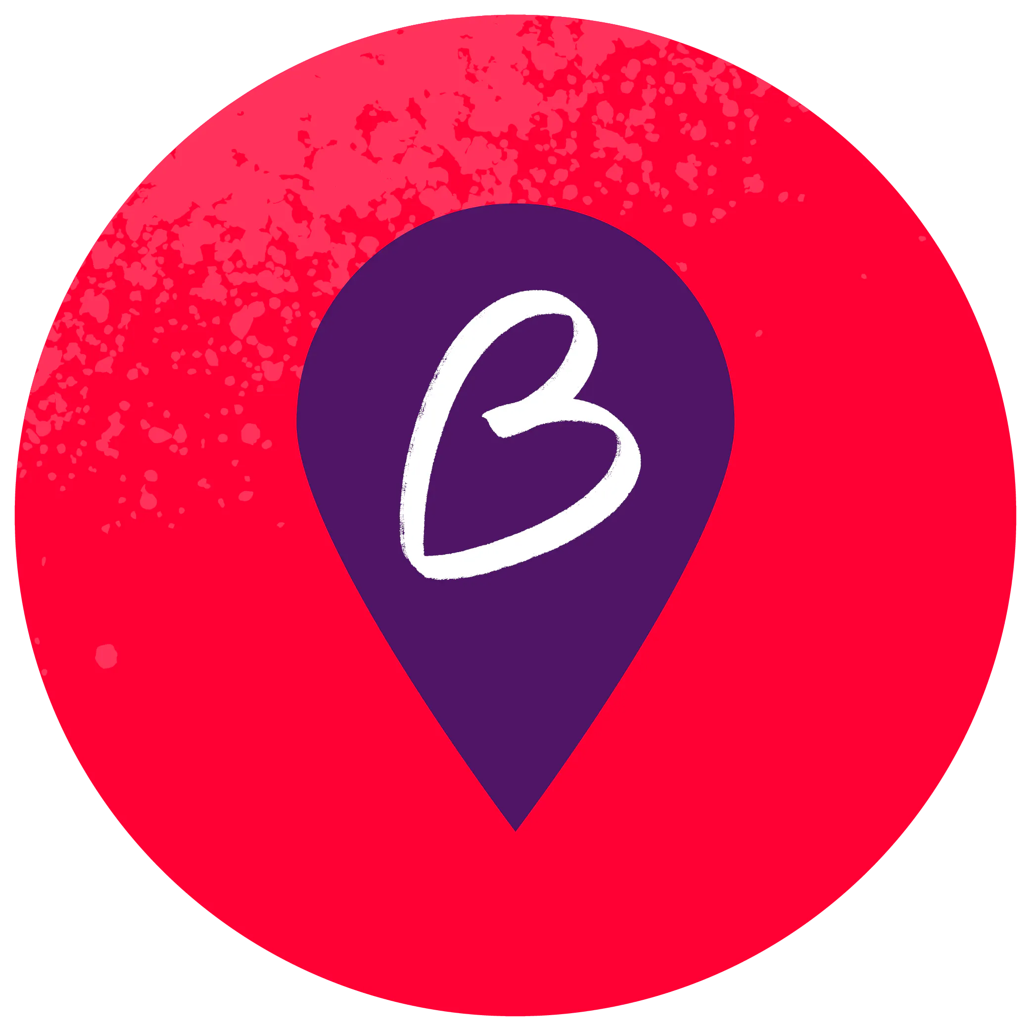 Map pin icon with B logo on bright pink circular background.