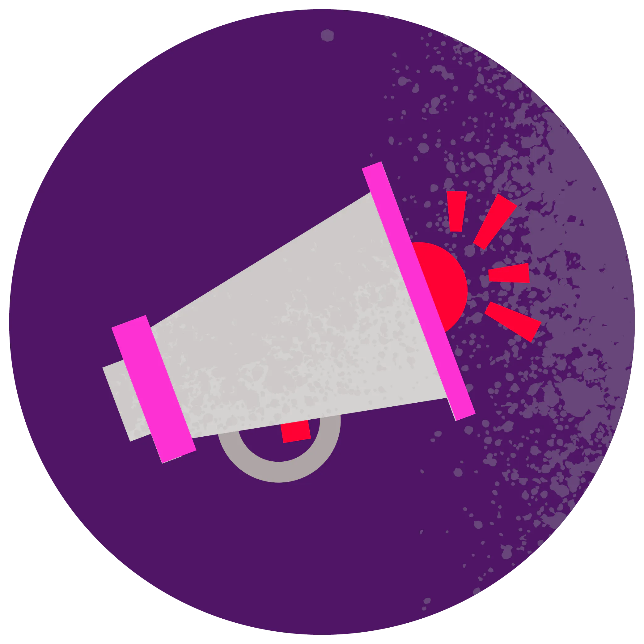 Megaphone icon with sound waves on purple circular background.