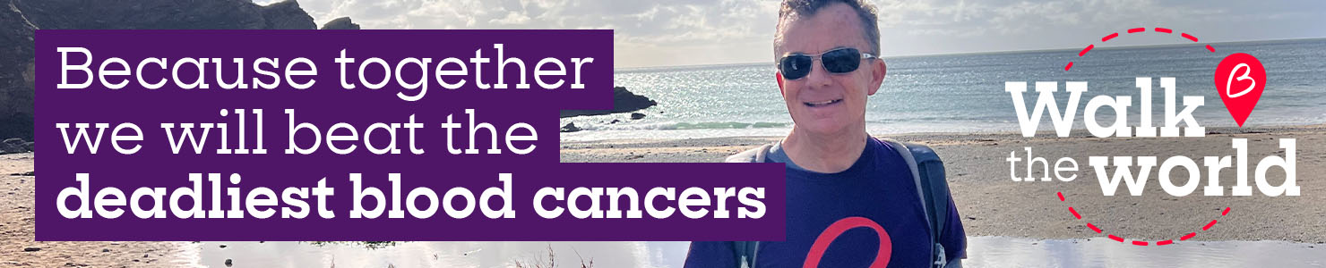 Walk the World participant standing on a beach, supporting Blood Cancer UK’s fight against blood cancer.