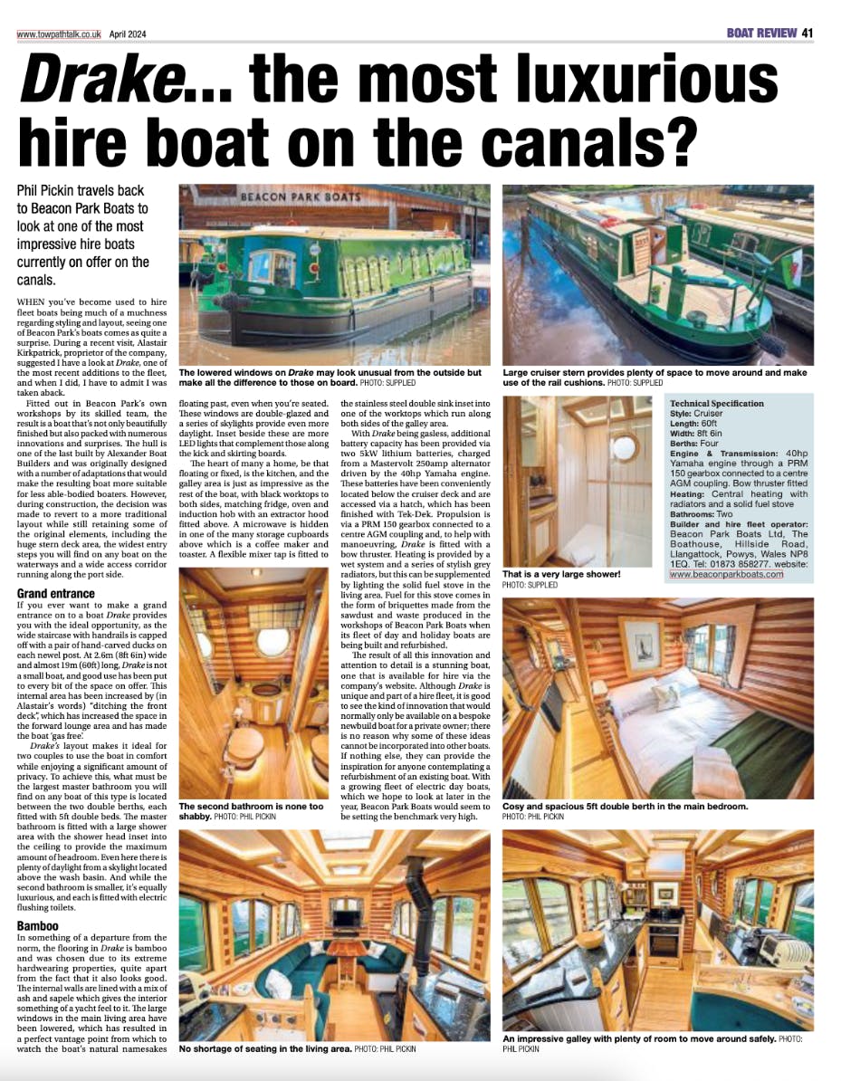 article in april 2024's edition of towpath talk featuring a review of beacon park boats' boat drake