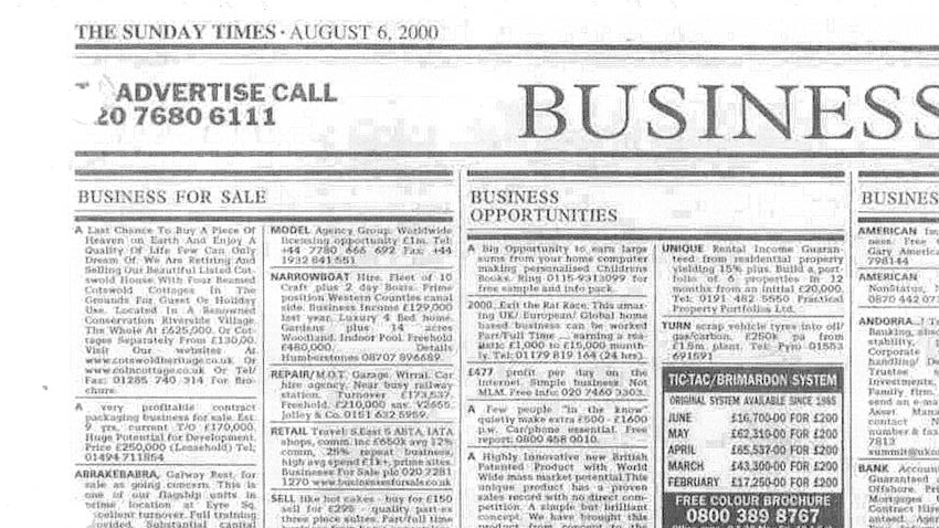 sunday times from 2000 listing beacon park boats as a business for purchase