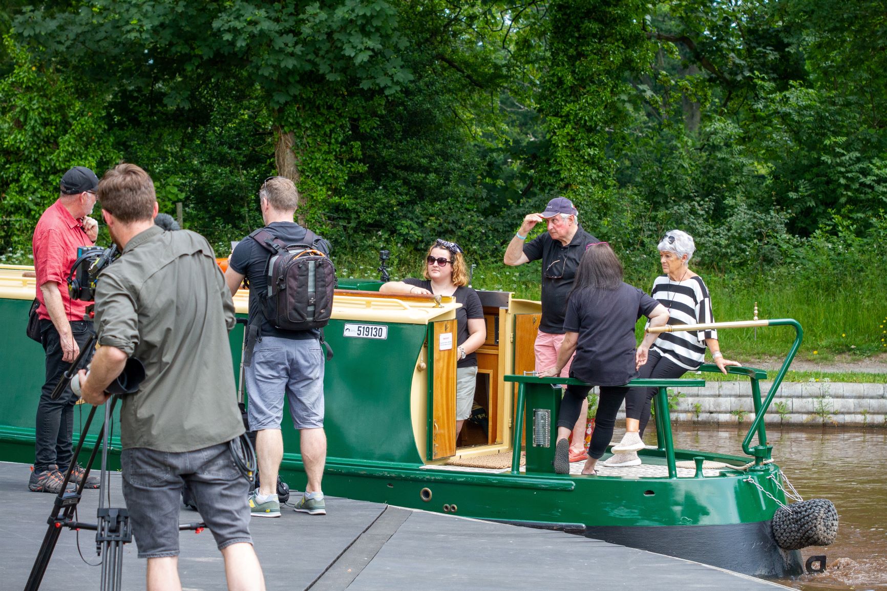 gareth and maureen edwards aboard a beacon park boat filming for their bbc series gareth edwards' great welsh adventure