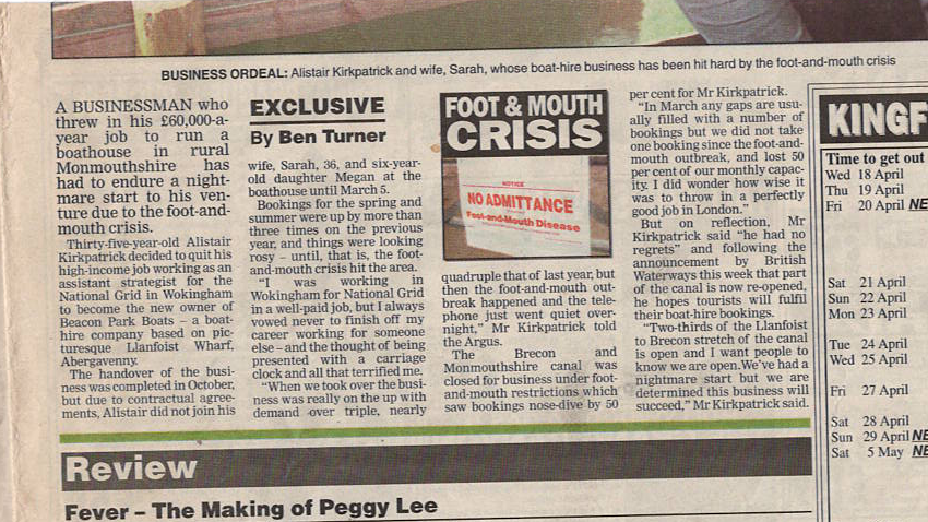 newspaper article featuring beacon park boats and how it dealt with the foot and mouth epidemic shortly after owner alasdair kirkpatrick bought the business