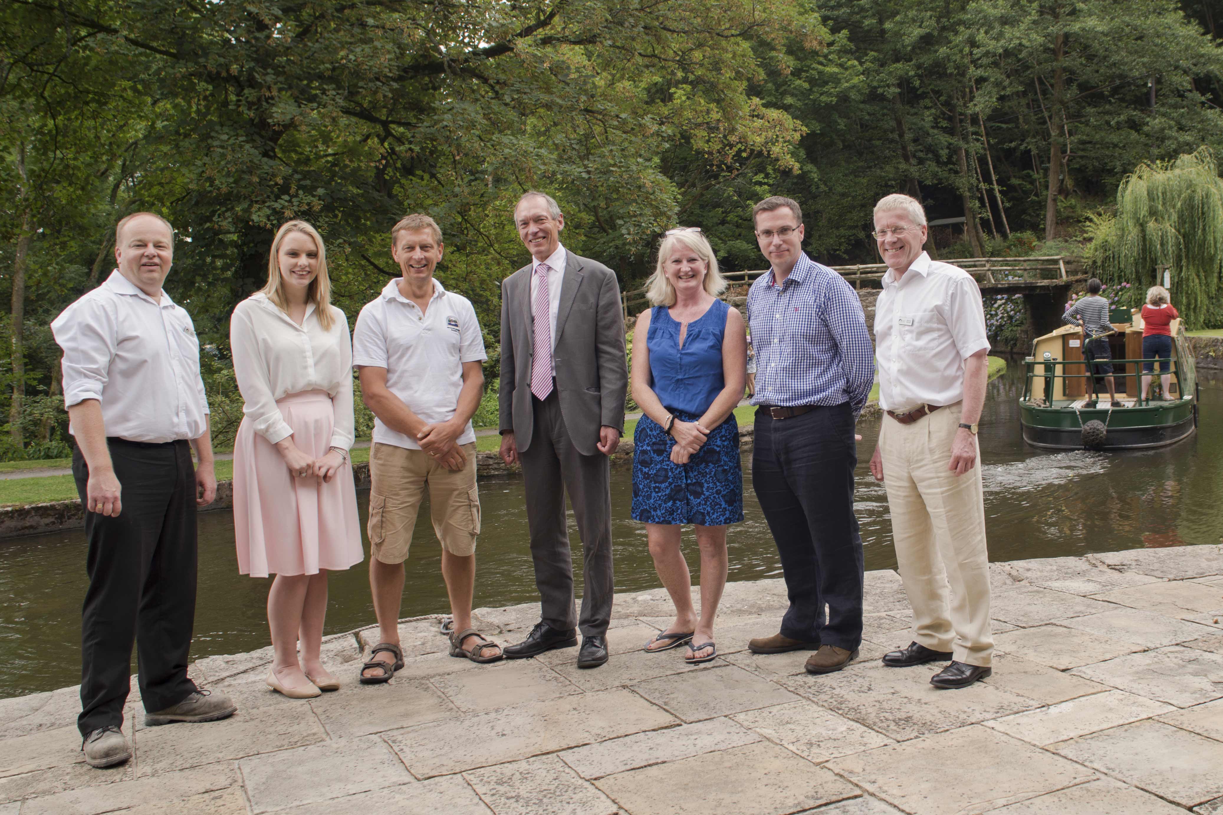 CRT engineer responsible for the work on the landslip site Simon Hughes, CRT Public Affairs Officer Wales Laura Lewis, Alasdair Kirkpatrick, Welsh Government Minister John Griffiths, Sarah Kirkpatrick, Chair of the All Wales Partnership Mark Lang and CRT Head of Wales Andrew Stumpf