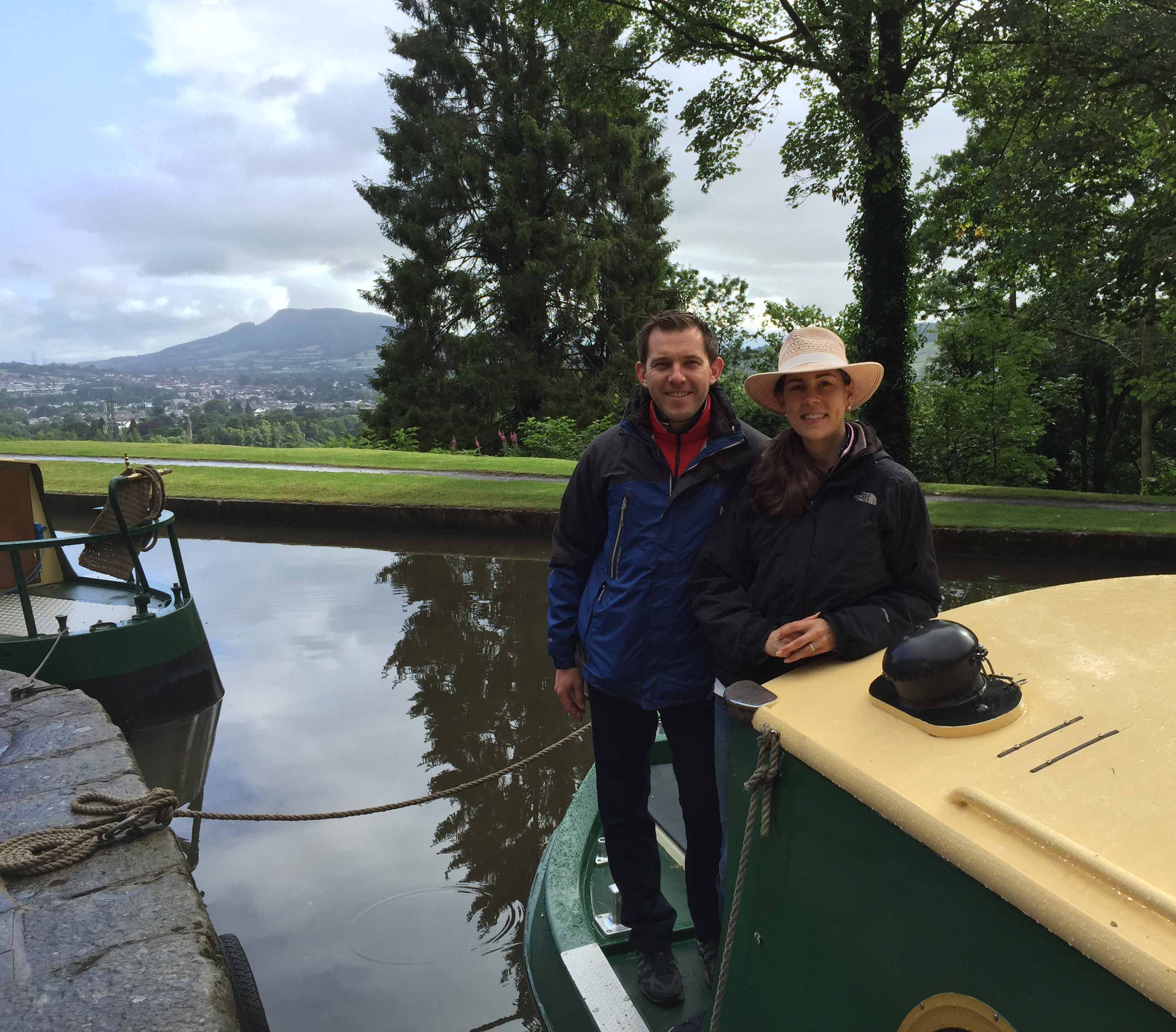 couple on honeymoon on a beacon park boat on the mon & brec canal