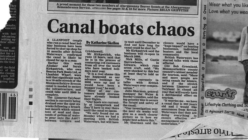 newspaper article discussing beacon park boats and the impact of the canal closure in 2007