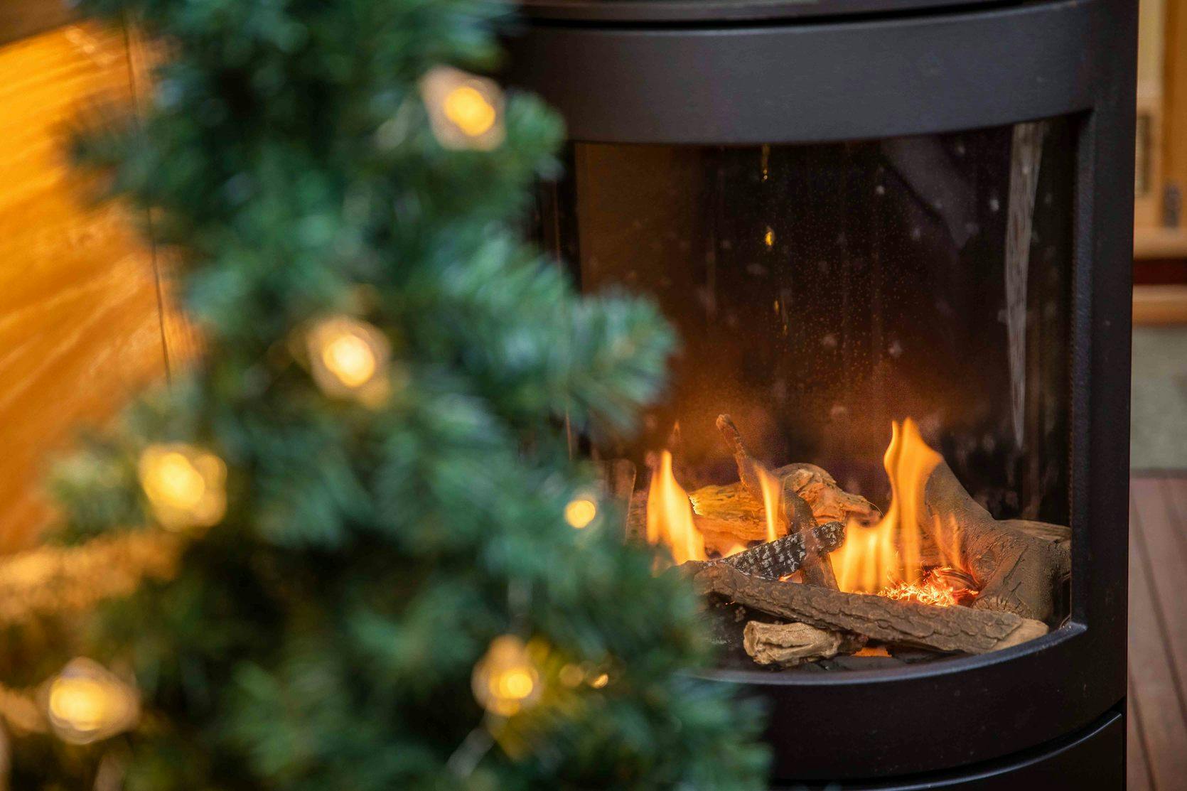 Christmas tree by fire aboard a canal boat