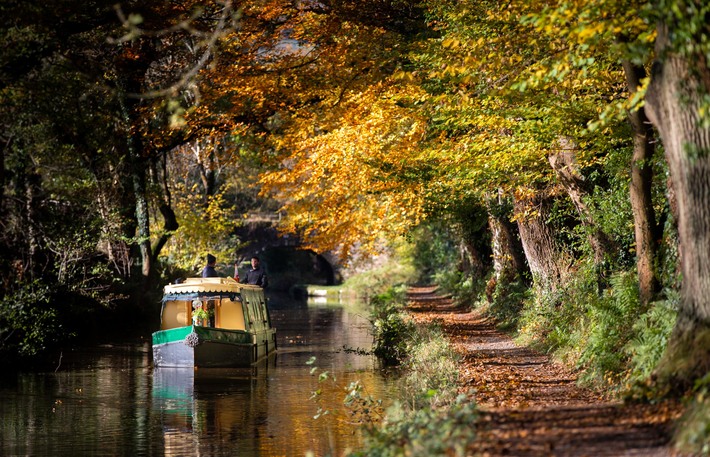 a beacon park canal boat surrounded by the colours of autumn