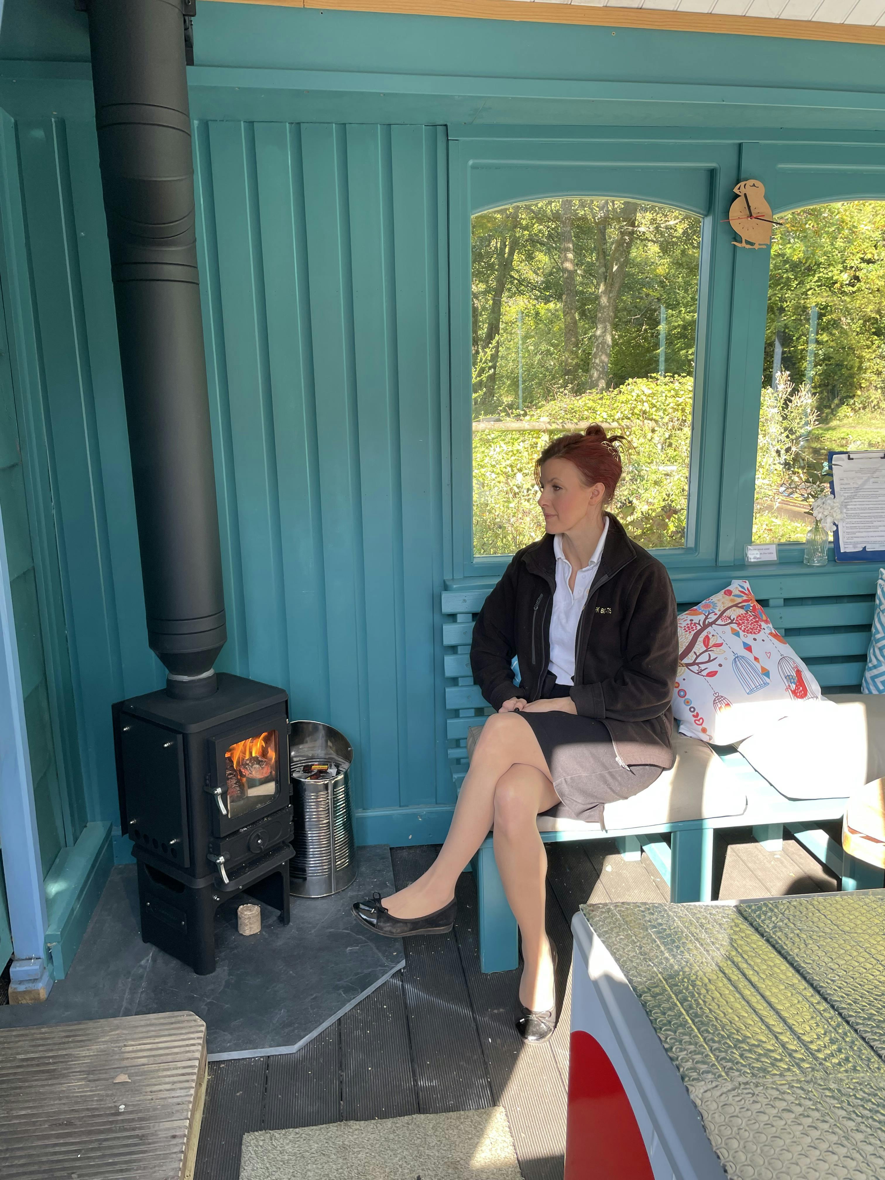 log burner at tramway coffee cafe, llangattock wharf