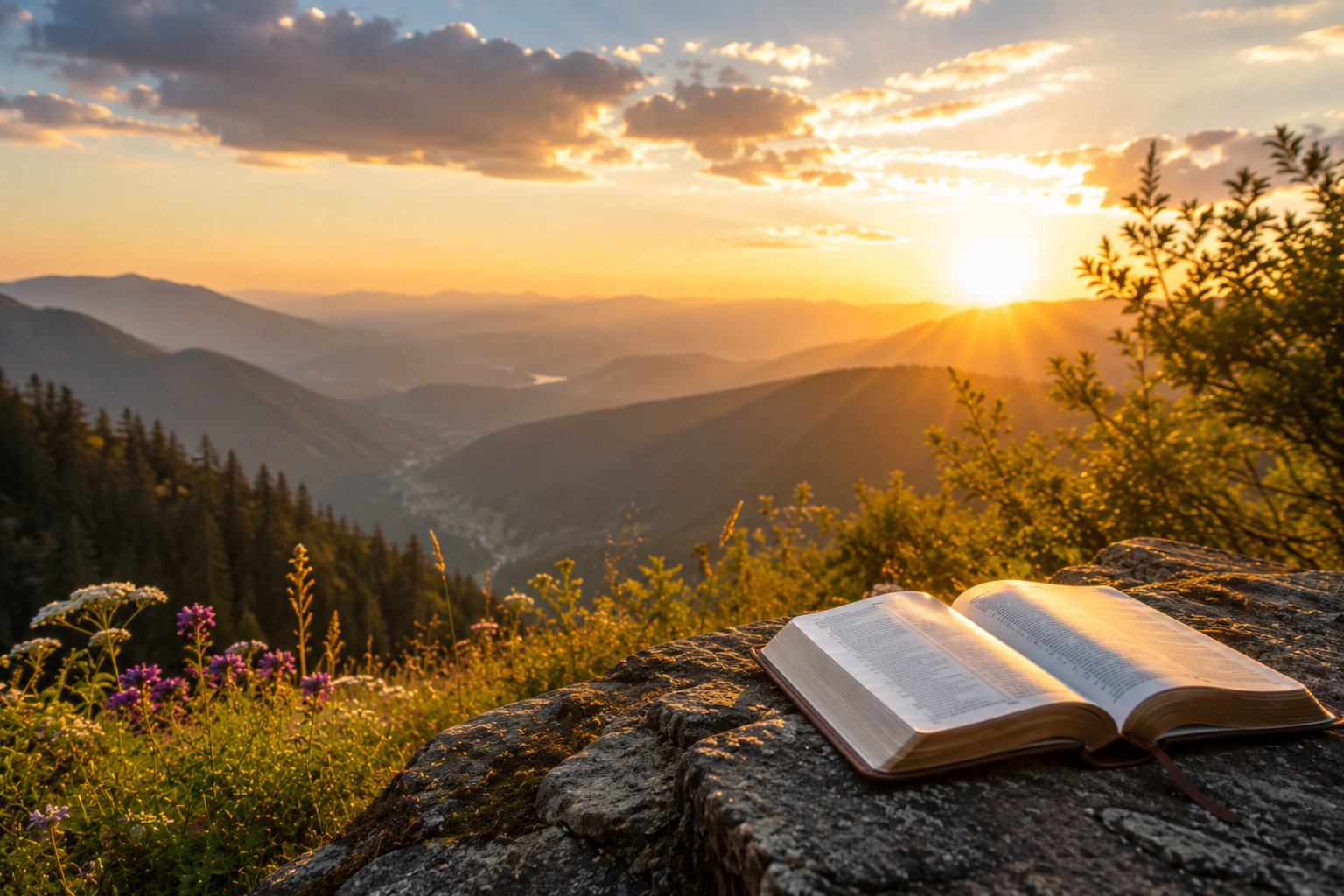 sunrise in the background over the mountains, and an open bible in the foreground