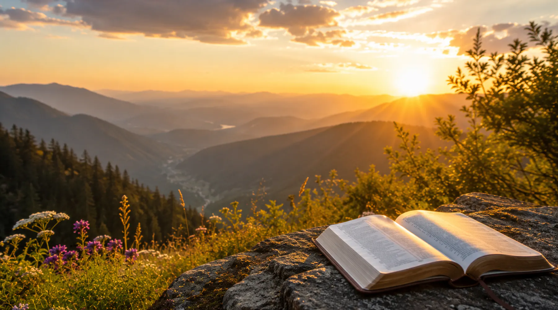 sunrise in the background over the mountains, and an open bible in the foreground