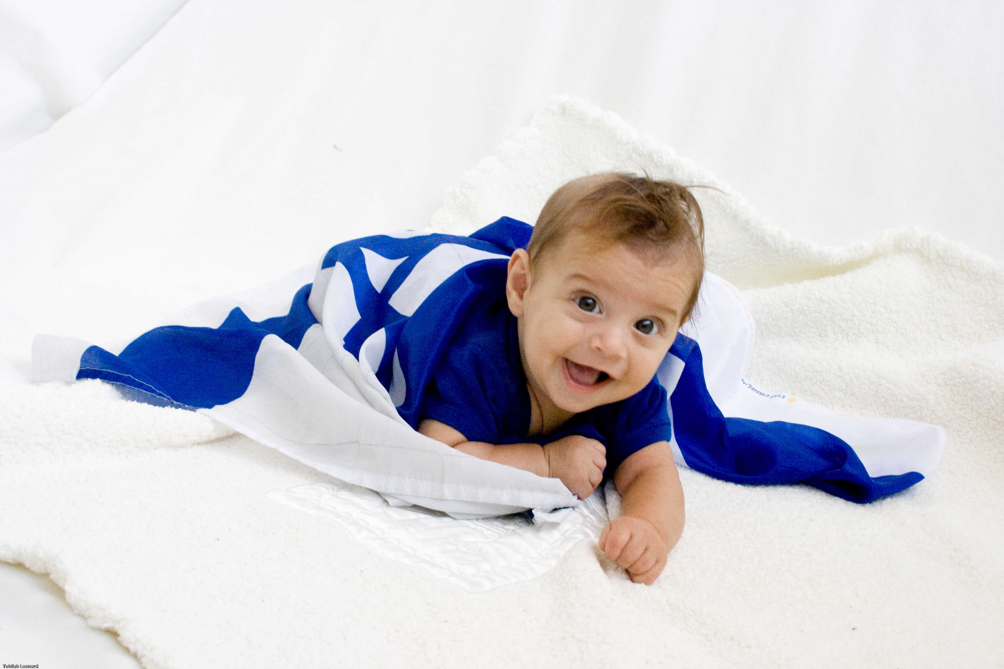 De vrolijke kleine Benzi ligt op zijn buik op de grond, gewikkeld in een Israëlische vlag.