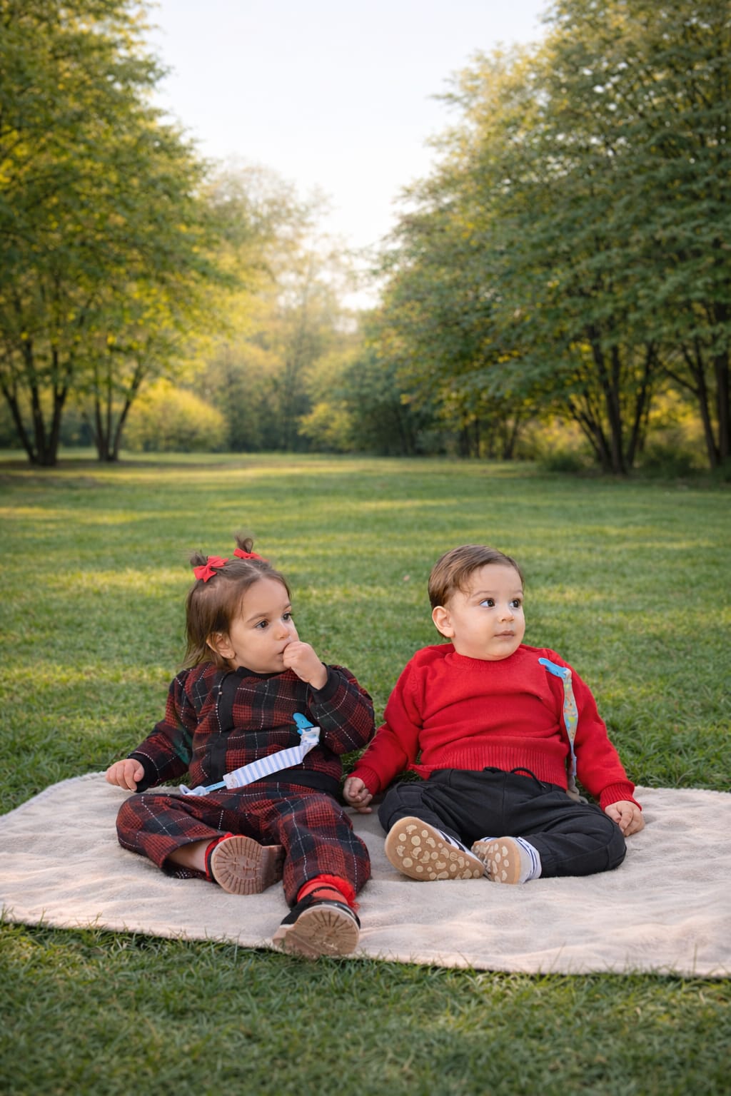 Toddler girl and boy sitting on a blanket on the grass