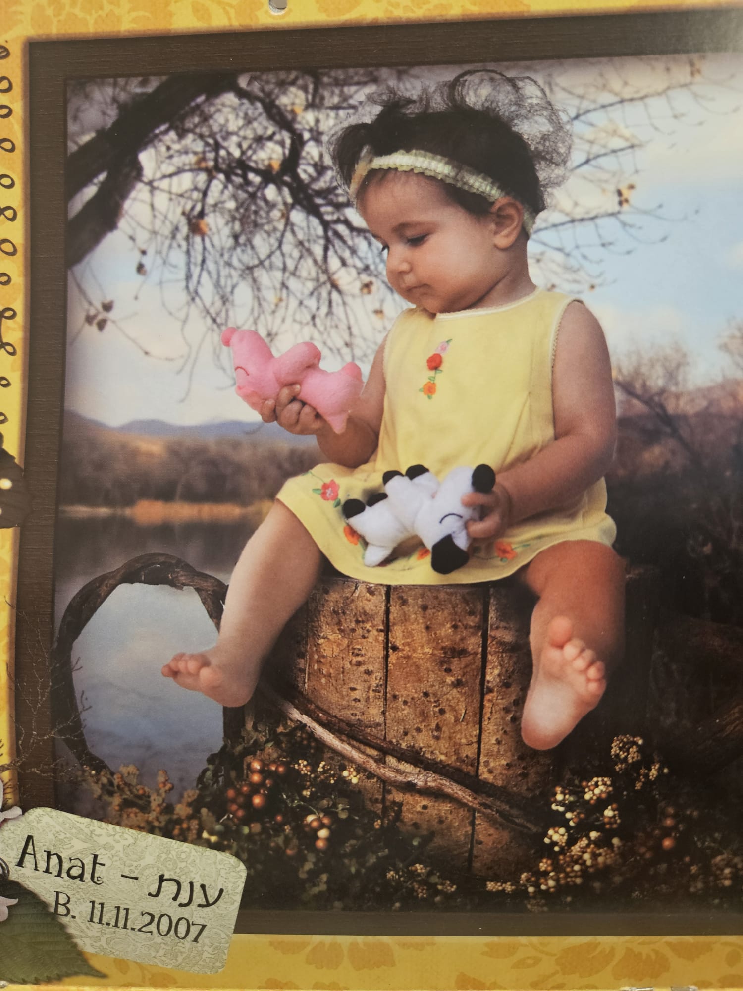Anat in yellow clothes looking at a toy