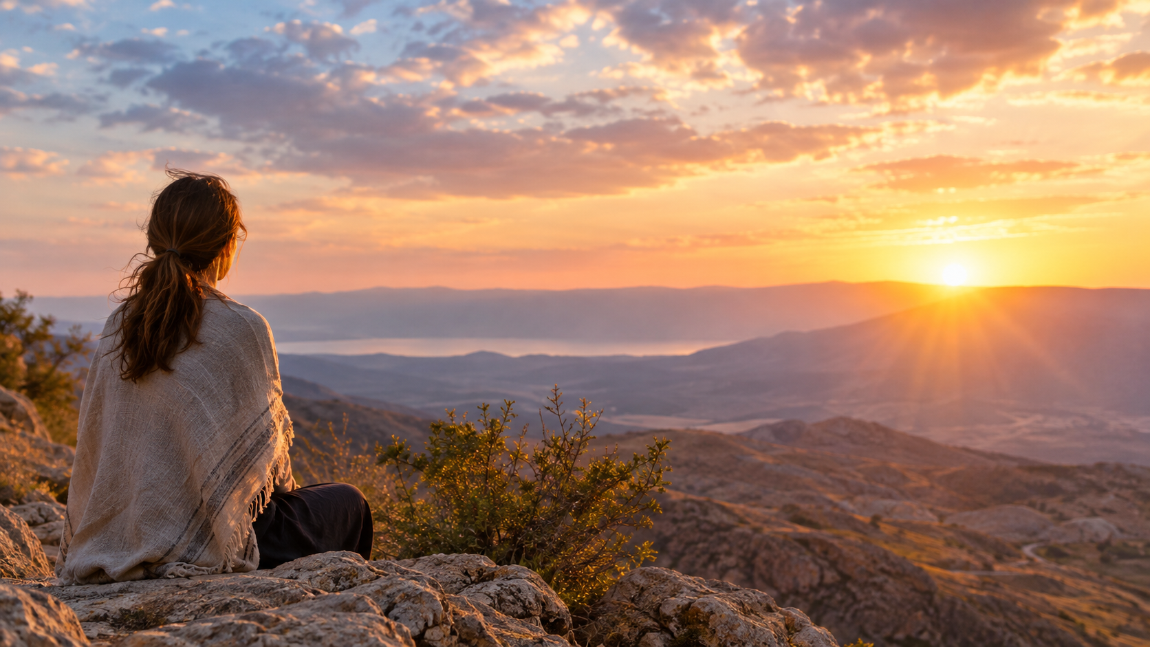 A woman is sitting and watching the sunrise