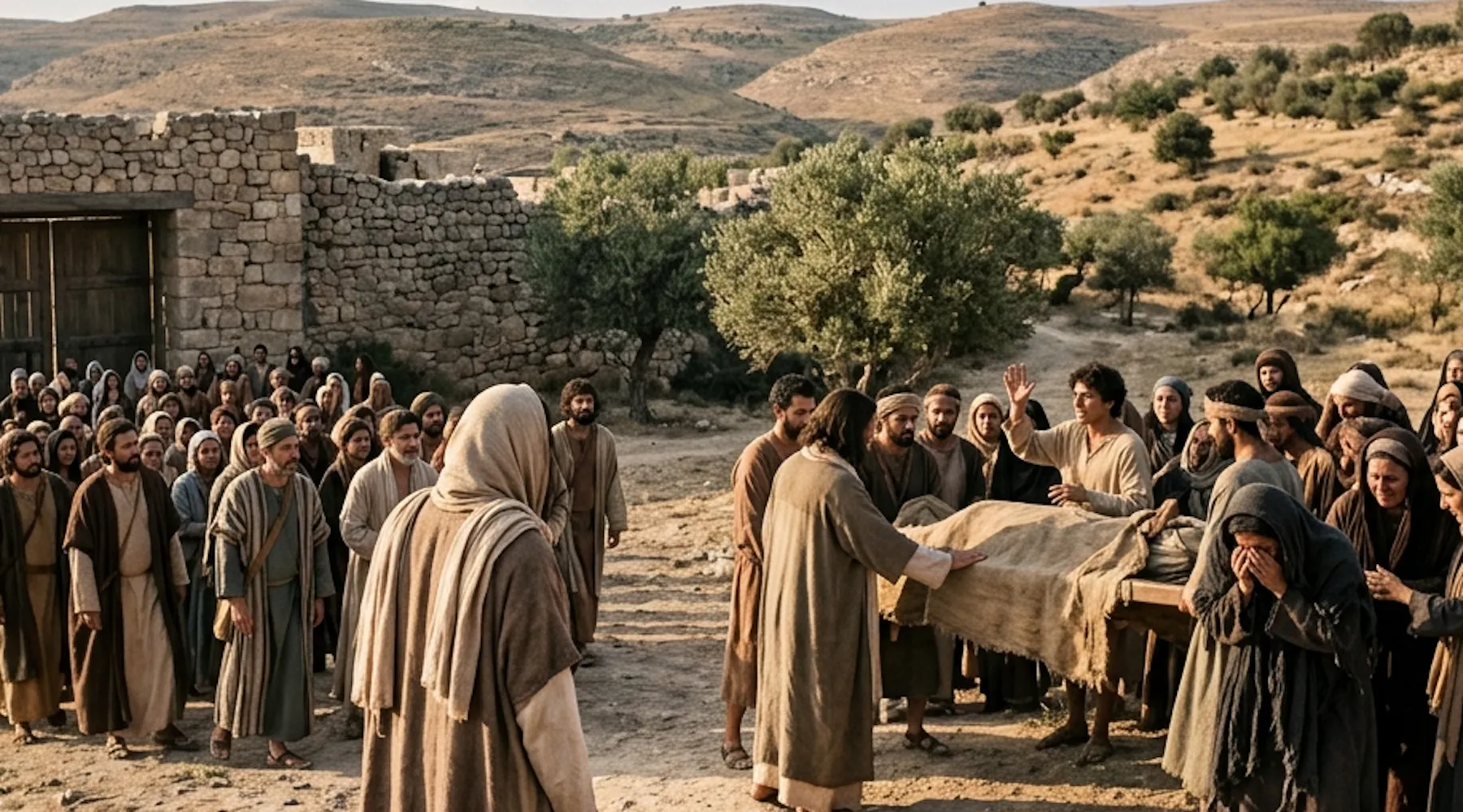 Jesus and a crowd and a man on a bed