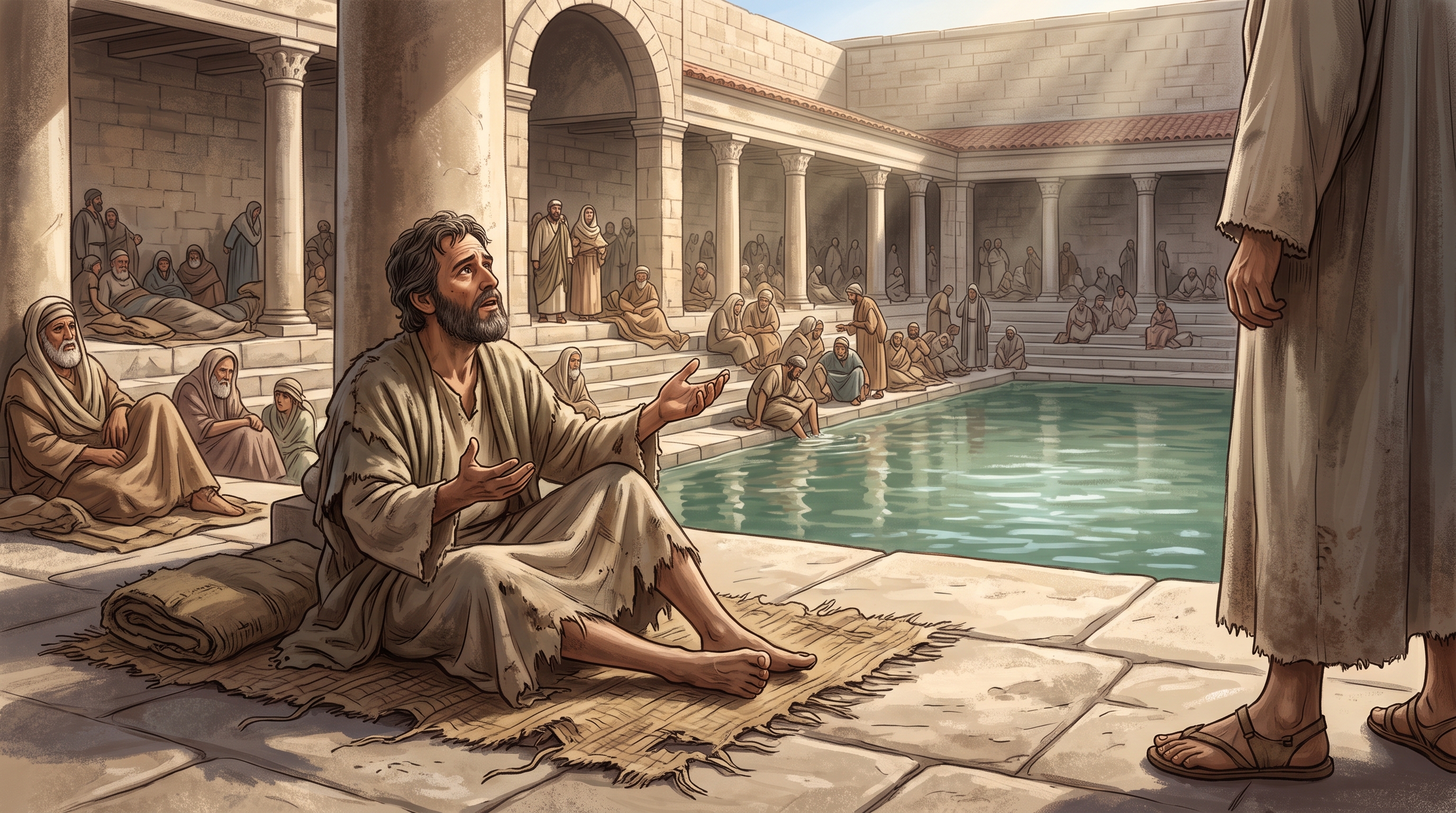 In Jeruzalem, vlakbij de Schapenpoort, ligt een bad dat in het Aramees Bethesda wordt genoemd en dat omgeven is door vijf overdekte zuilengalerijen.