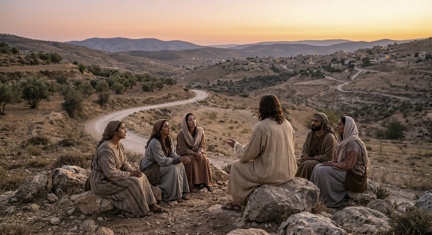 Jezus onderwijst een groep mannen en vrouwen