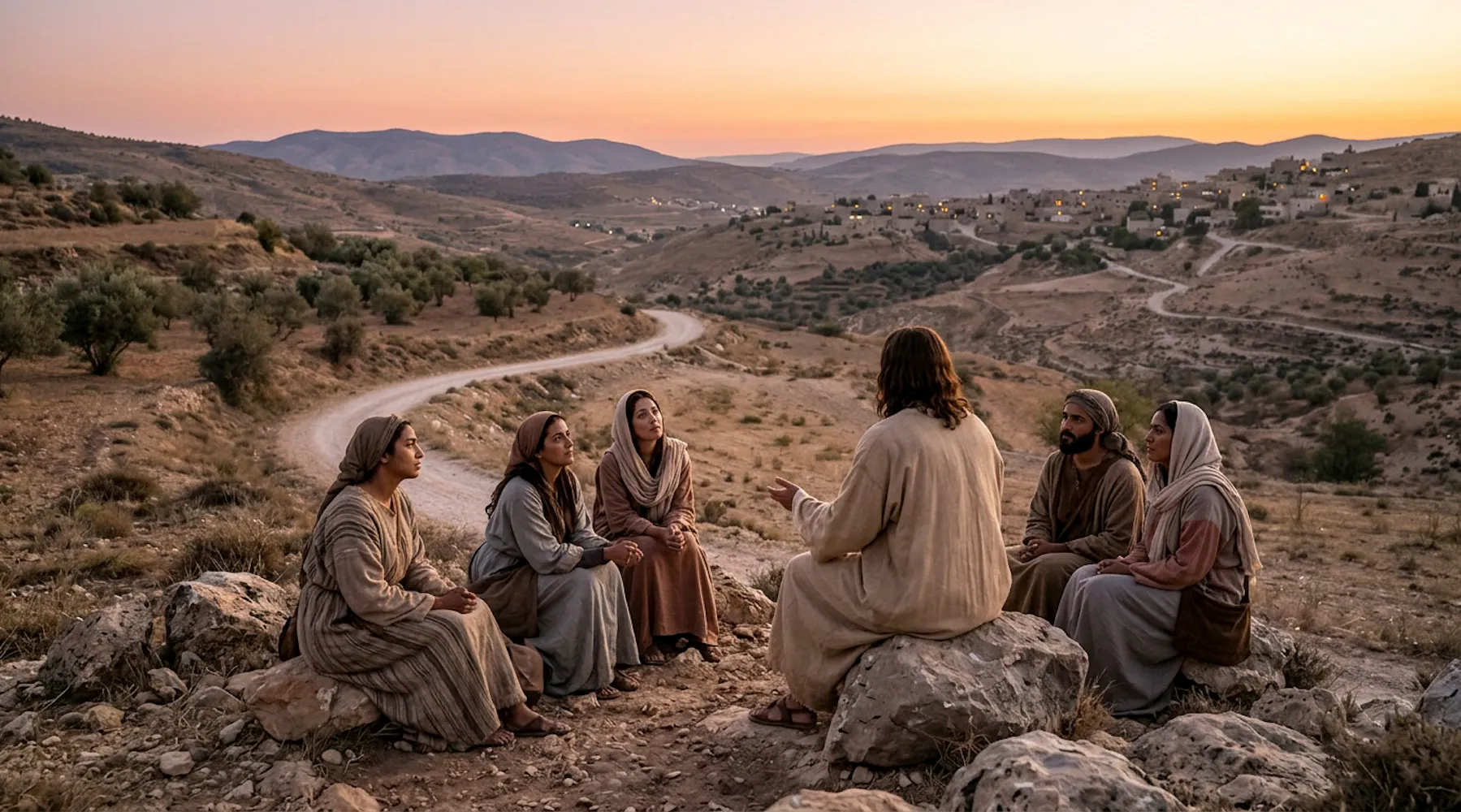 Jezus onderwijst een groep mannen en vrouwen