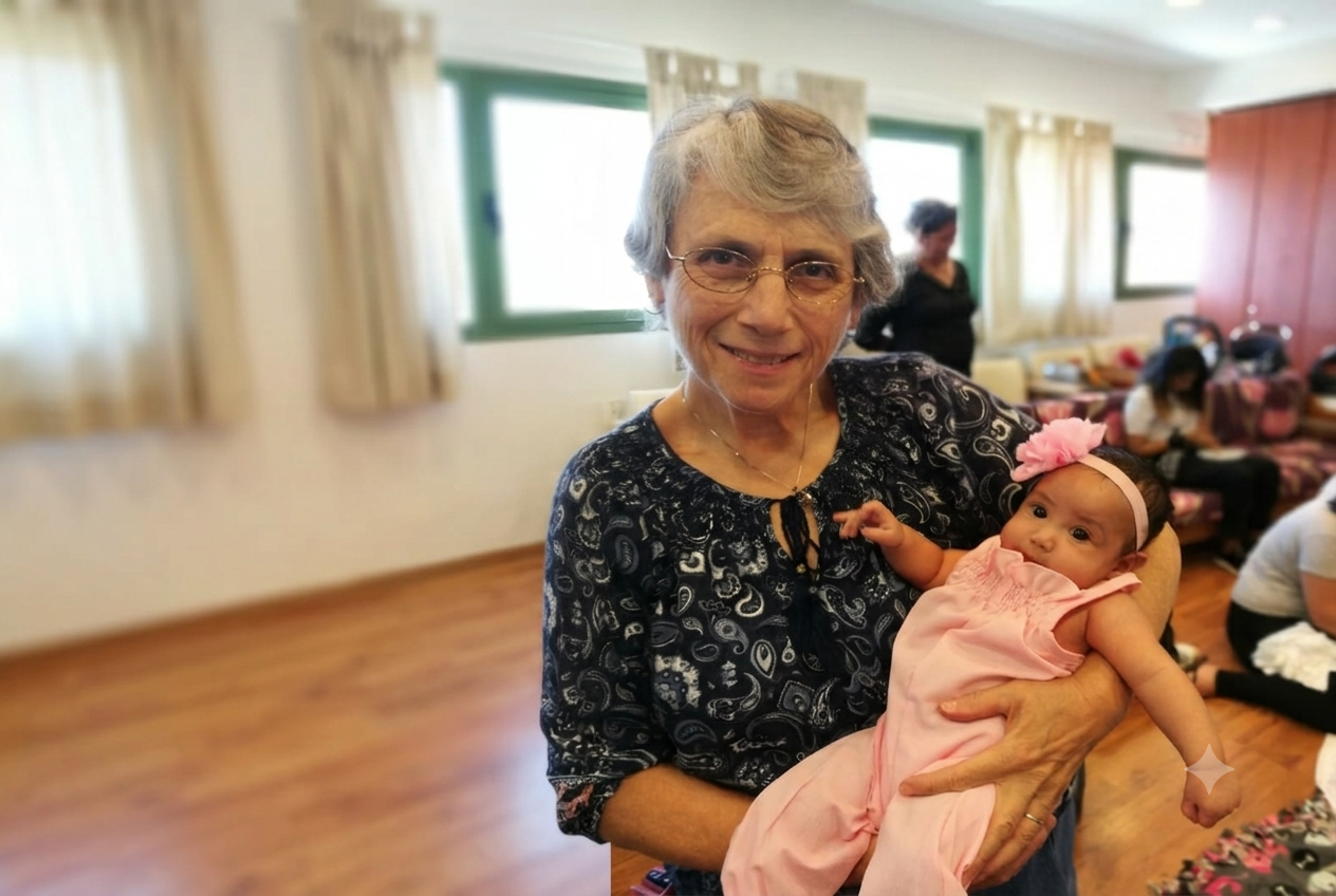 Sharon bij ons op kantoor, enkele jaren geleden, met een in het roze gekleed babymeisje op de arm.