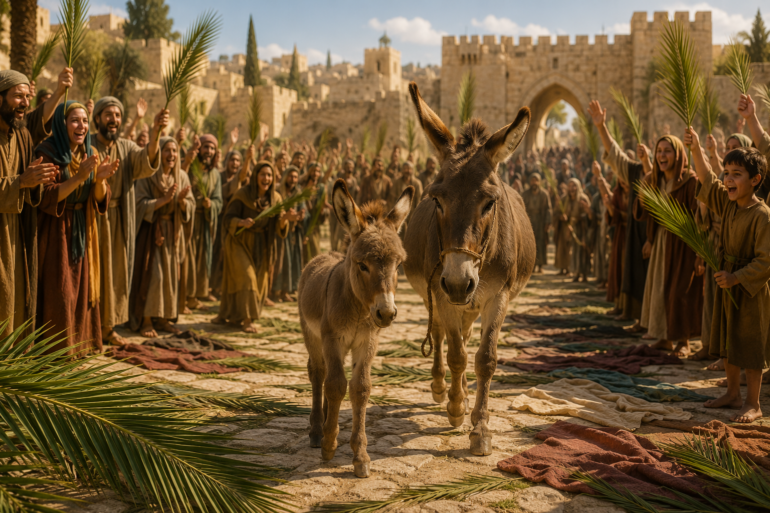 A donkey and her colt in front of a crowd of people with a Jerusalem gate in the background