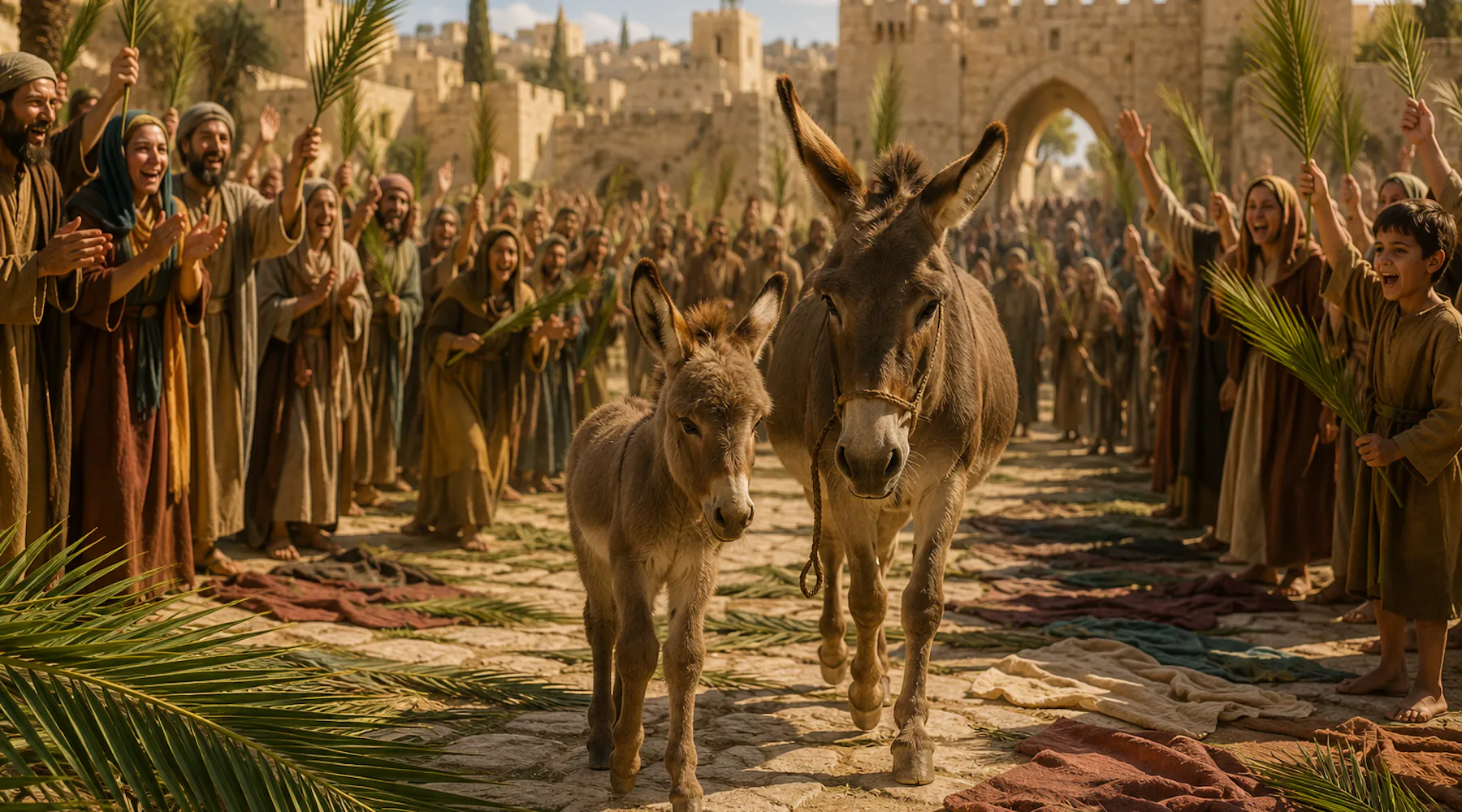 A donkey and her colt in front of a crowd of people with a Jerusalem gate in the background