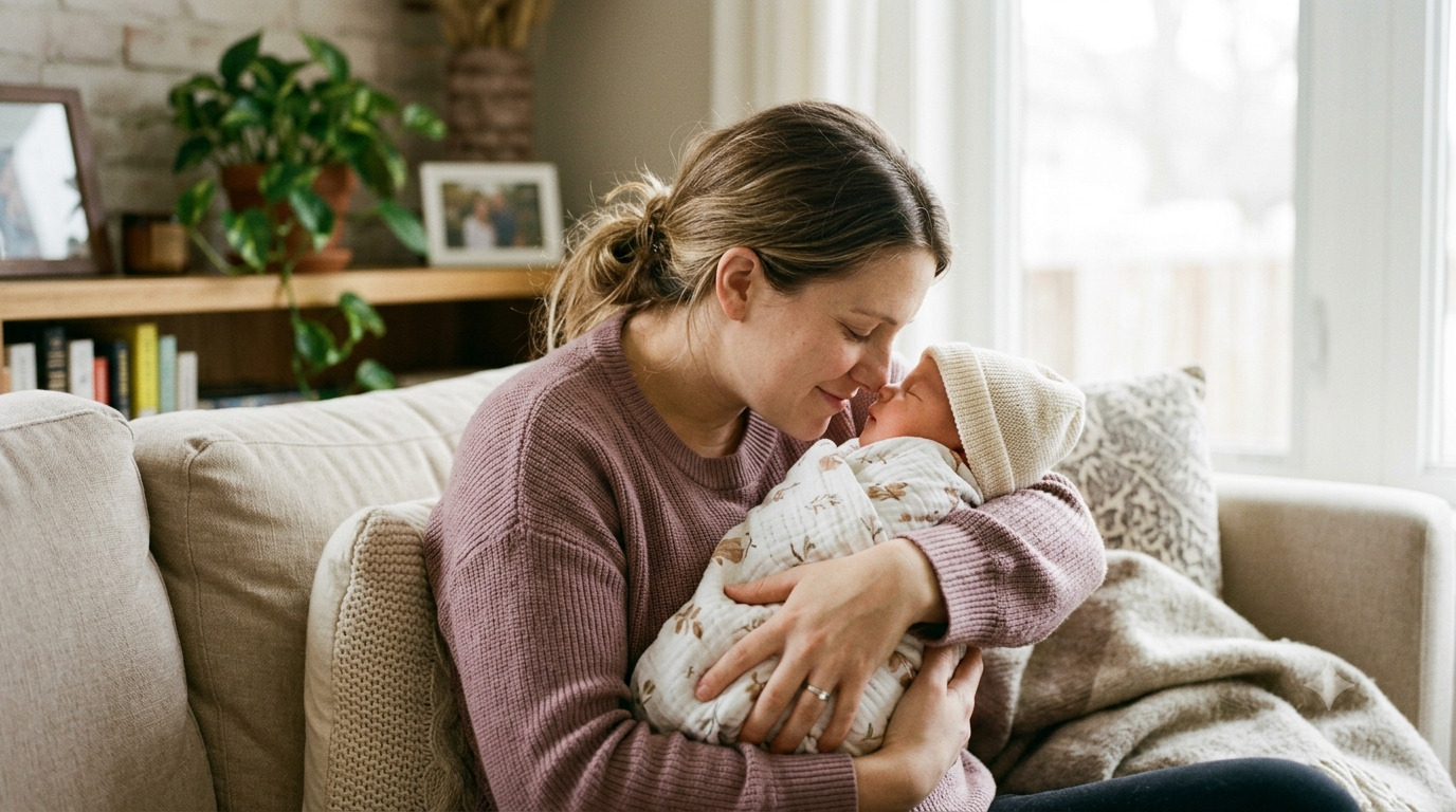 Mother and newborn baby wrapped and with a hat, are touching noses