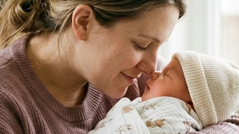 Mother and newborn baby wrapped and with a hat, are touching noses