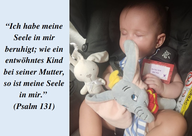 Ein Baby schläft mit einem Teddybären im Autositz und hält eine Geschenkkarte in der Hand. Daneben steht ein Bibelvers.