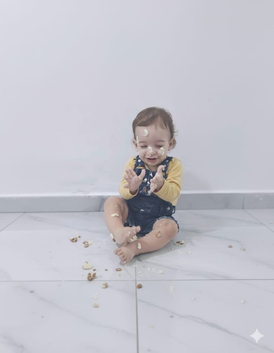 boy with cake on his face and hands is closing his eyes and clapping hands
