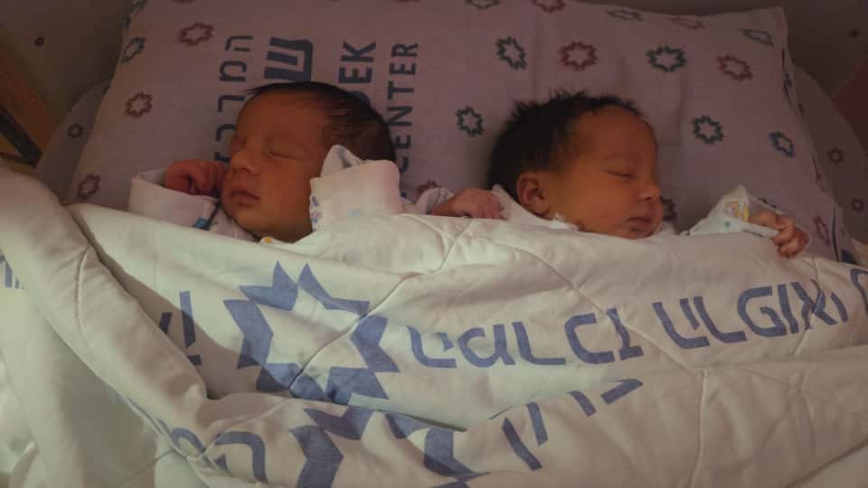 twin babies in hospital sheets