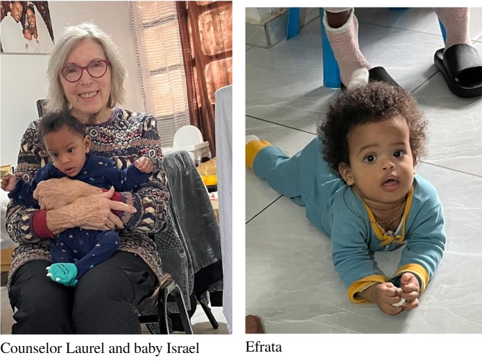 our counselor Laurel holding baby Israel and baby Efrata in blue looking up from the floor